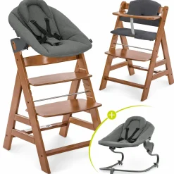 Alpha Plus Walnut 4-tlg. Newborn Set Dark Grey - Hochstuhl + Neugeboreneneinsatz & Wippe Premium + Sitzkissen