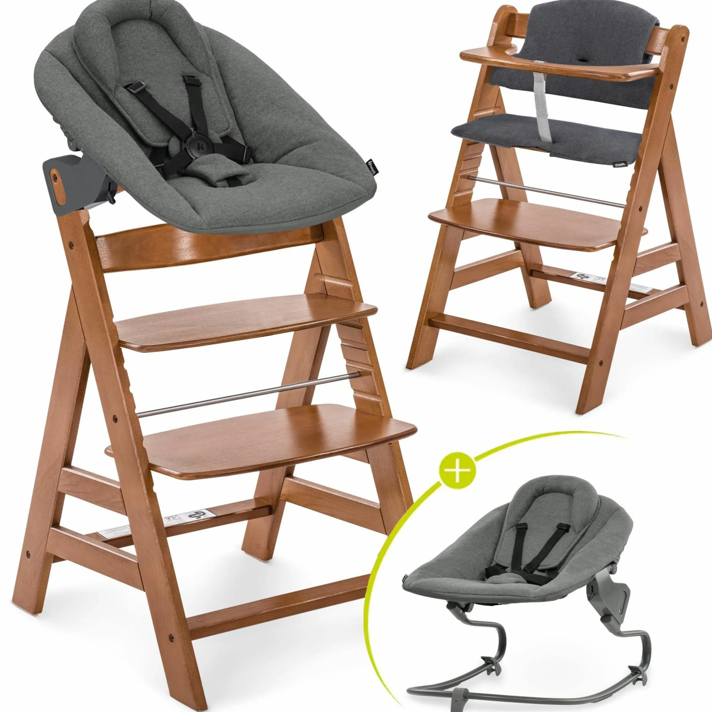 Alpha Plus Walnut 4-tlg. Newborn Set Dark Grey - Hochstuhl + Neugeboreneneinsatz & Wippe Premium + Sitzkissen
