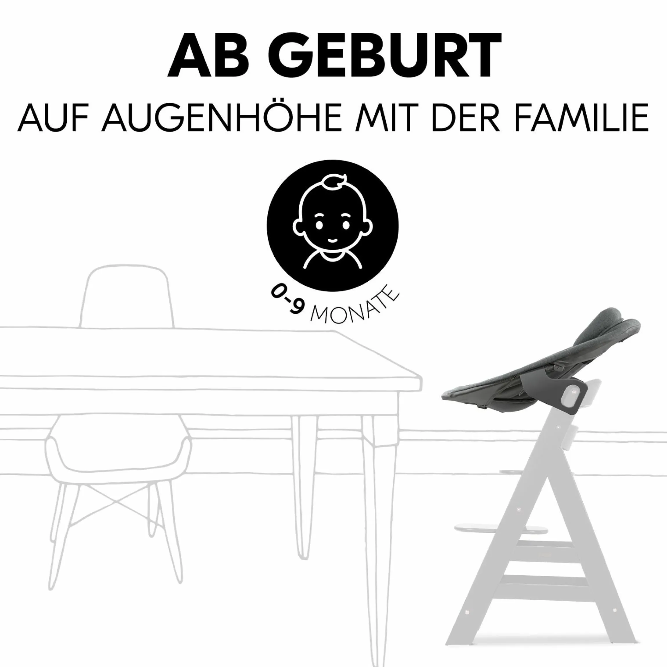 Alpha Plus Walnut 4-tlg. Newborn Set Dark Grey - Hochstuhl + Neugeboreneneinsatz & Wippe Premium + Sitzkissen