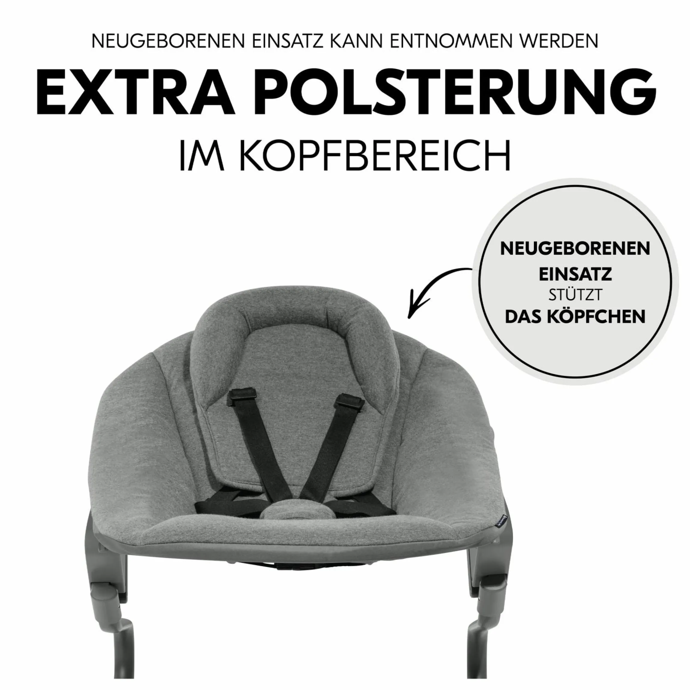 Alpha Plus Walnut 4-tlg. Newborn Set Dark Grey - Hochstuhl + Neugeboreneneinsatz & Wippe Premium + Sitzkissen