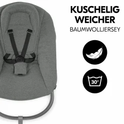Alpha Plus Walnut 4-tlg. Newborn Set Dark Grey - Hochstuhl + Neugeboreneneinsatz & Wippe Premium + Sitzkissen