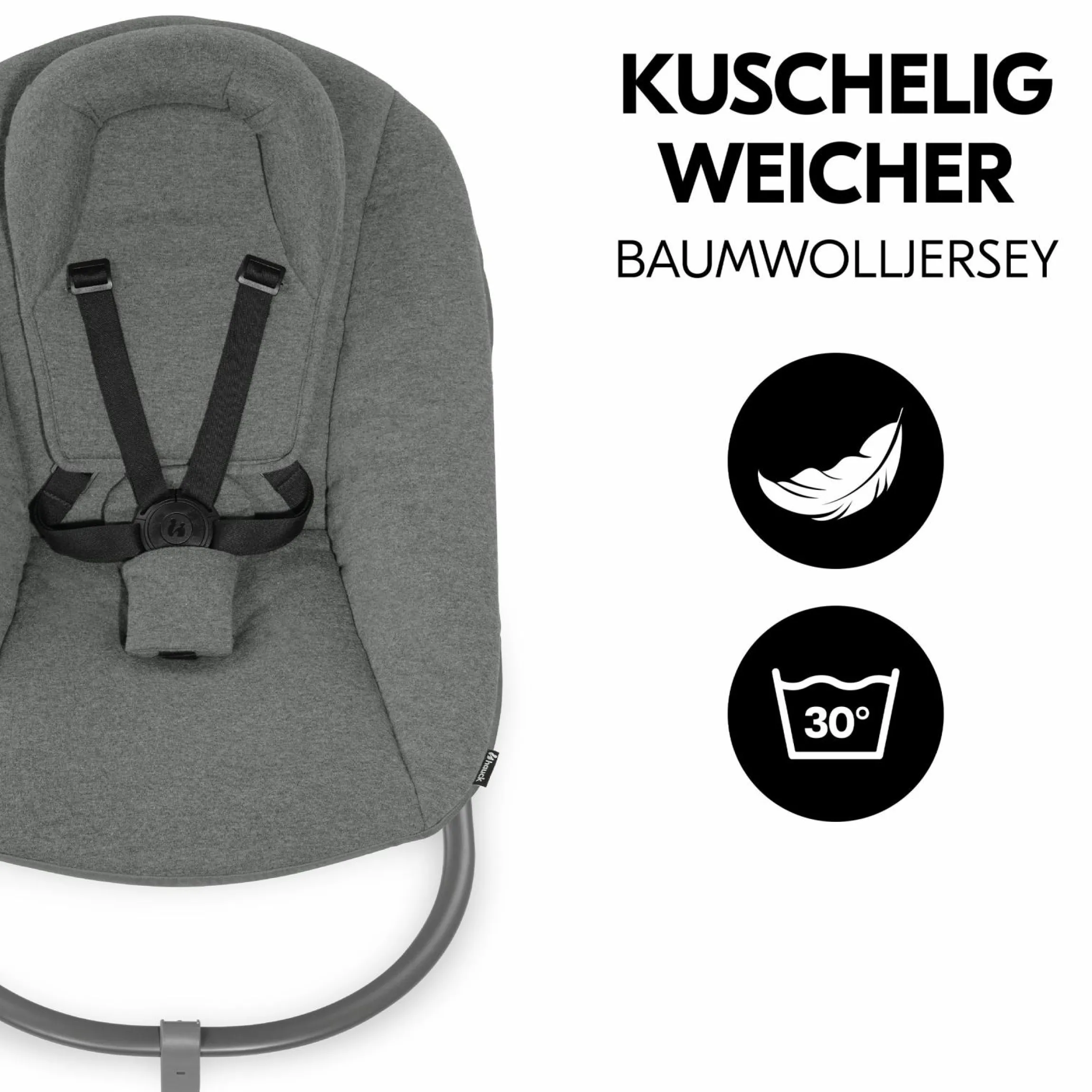 Alpha Plus Walnut 4-tlg. Newborn Set Dark Grey - Hochstuhl + Neugeboreneneinsatz & Wippe Premium + Sitzkissen