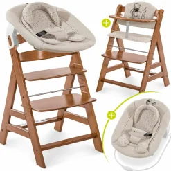 Alpha Plus Walnut 4-tlg. Newborn Set - Disney Pooh - Hochstuhl + Neugeboreneneinsatz & Wippe + Sitzpolster