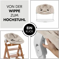Alpha Plus Walnut 4-tlg. Newborn Set - Disney Pooh - Hochstuhl + Neugeboreneneinsatz & Wippe + Sitzpolster