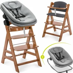 Alpha Plus Walnut 4-tlg. Newborn Set - Hochstuhl + 2in1 Babyaufsatz & Wippe + Sitzkissen - Dark Grey Melange