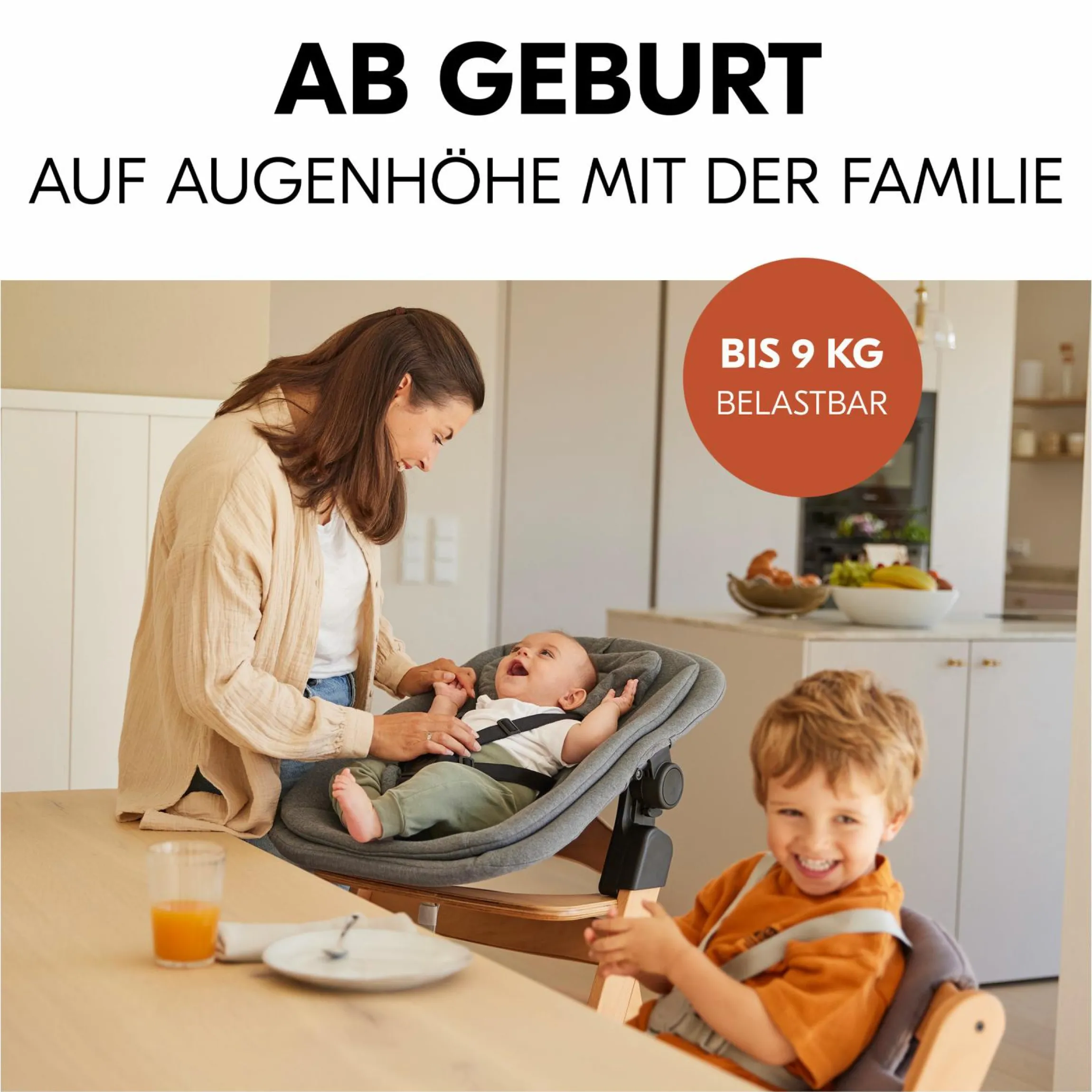 Alpha Plus Walnut 4-tlg. Newborn Set - Hochstuhl + 2in1 Babyaufsatz & Wippe + Sitzkissen - Dark Grey Melange