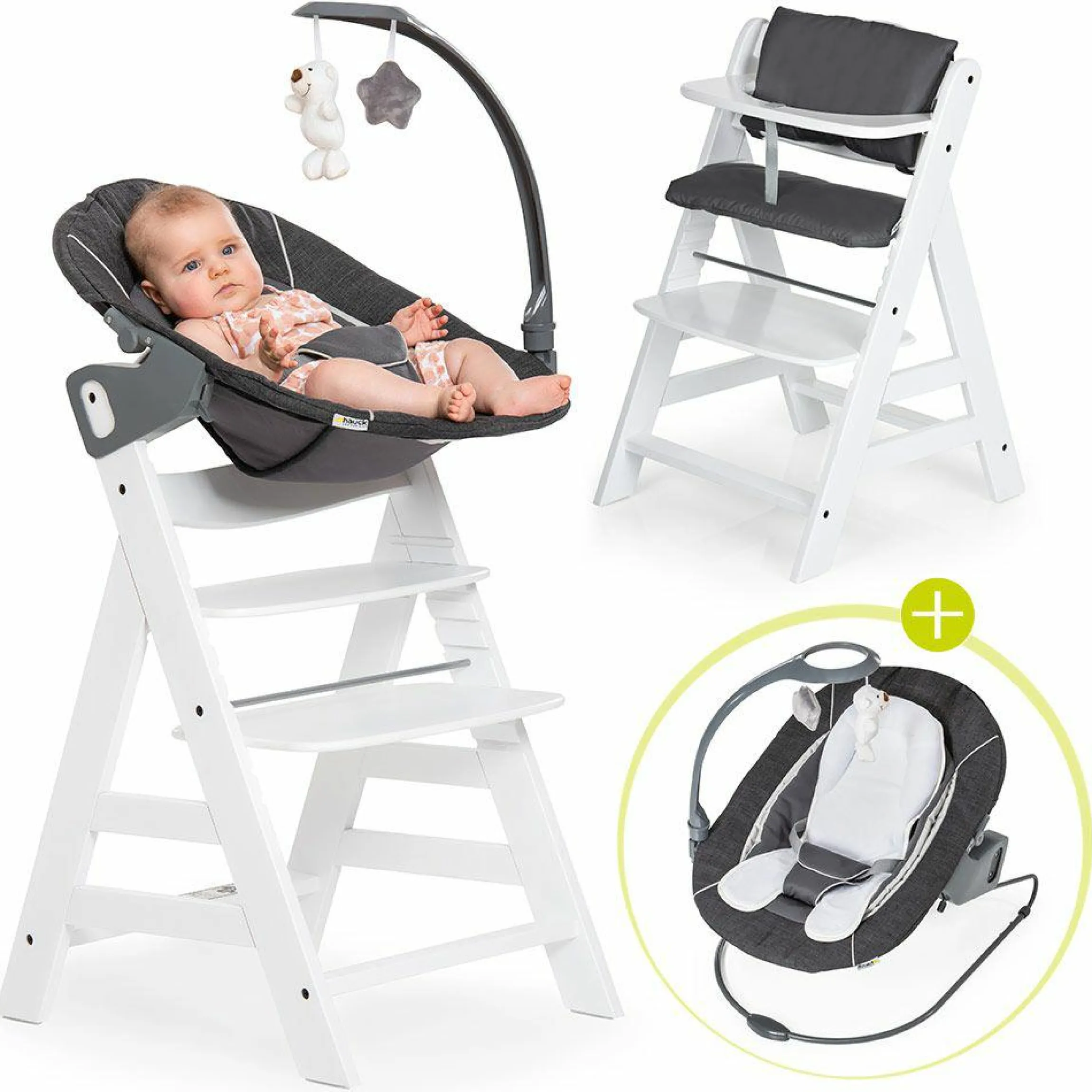 Alpha Plus Weiß Newborn Set Deluxe - 4-tlg. Hochstuhl + 2in1 Neugeboreneneinsatz (verstellbar) + Sitzpolster