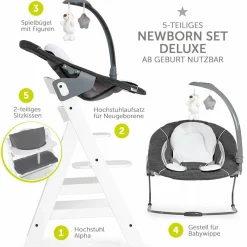 Alpha Plus Weiß Newborn Set Deluxe - 4-tlg. Hochstuhl + 2in1 Neugeboreneneinsatz (verstellbar) + Sitzpolster