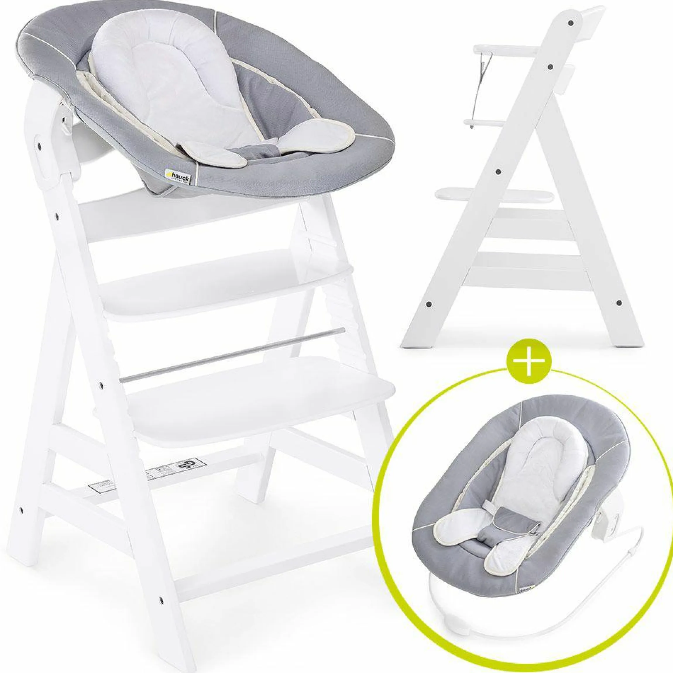 Alpha Plus White Newborn Set - 3-tlg. Hochstuhl + Neugeboreneneinsatz & Wippe Stretch Grey