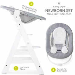 Alpha Plus White Newborn Set - 3-tlg. Hochstuhl + Neugeboreneneinsatz & Wippe Stretch Grey