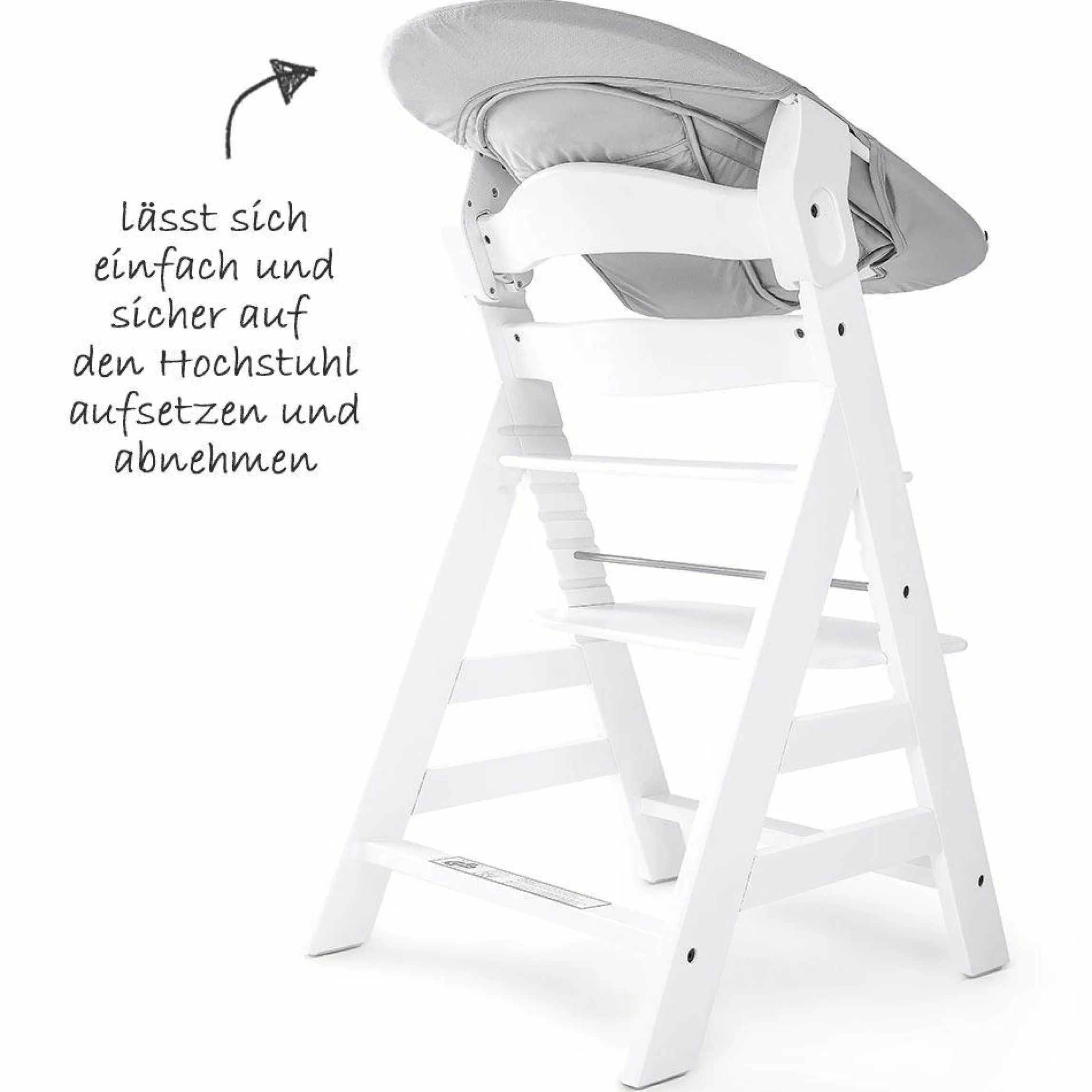 Alpha Plus White Newborn Set - 3-tlg. Hochstuhl + Neugeboreneneinsatz & Wippe Stretch Grey