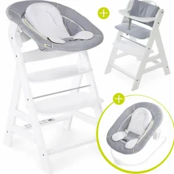Alpha Plus White Newborn Set - 4-tlg. Hochstuhl + Neugeborenenaufsatz & Wippe Stretch Grey + Sitzkissen