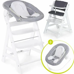 Alpha Plus White Newborn Set - 4-tlg. Hochstuhl + Neugeboreneneinsatz & Wippe Stretch Grey + Sitzpolster