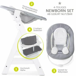 Alpha Plus White Newborn Set - 4-tlg. Hochstuhl + Neugeboreneneinsatz & Wippe Stretch Grey + Sitzpolster