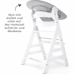 Alpha Plus White Newborn Set - 4-tlg. Hochstuhl + Neugeboreneneinsatz & Wippe Stretch Grey + Sitzpolster