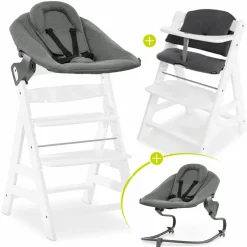 Alpha Plus White 4-tlg. Newborn Set - Hochstuhl + 2in1 Neugeborenen-Aufsatz & Wippe + Hochstuhlauflage - Jersey Charcoal