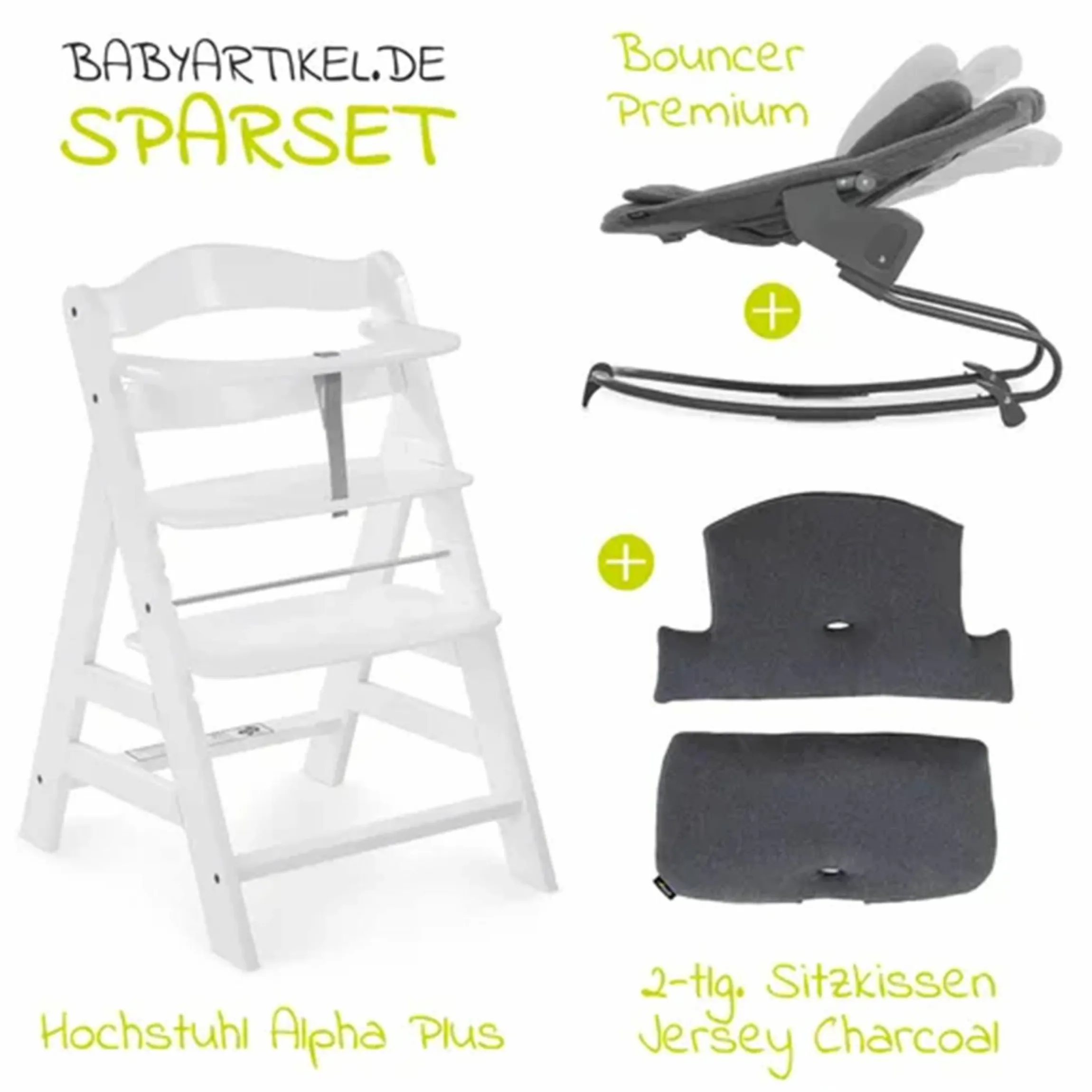 Alpha Plus White 4-tlg. Newborn Set - Hochstuhl + 2in1 Neugeborenen-Aufsatz & Wippe + Hochstuhlauflage - Jersey Charcoal