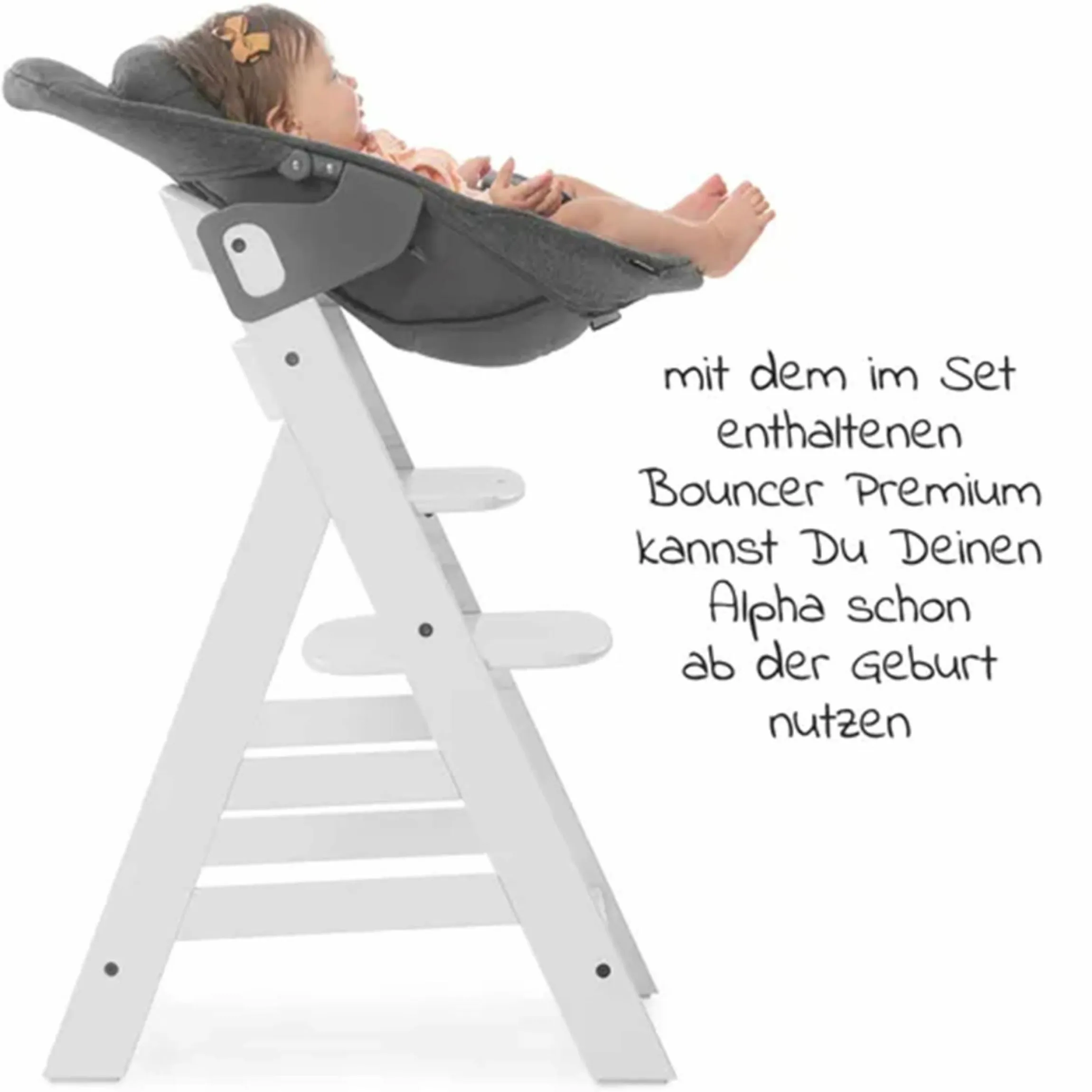 Alpha Plus White 4-tlg. Newborn Set - Hochstuhl + 2in1 Neugeborenen-Aufsatz & Wippe + Hochstuhlauflage - Jersey Charcoal