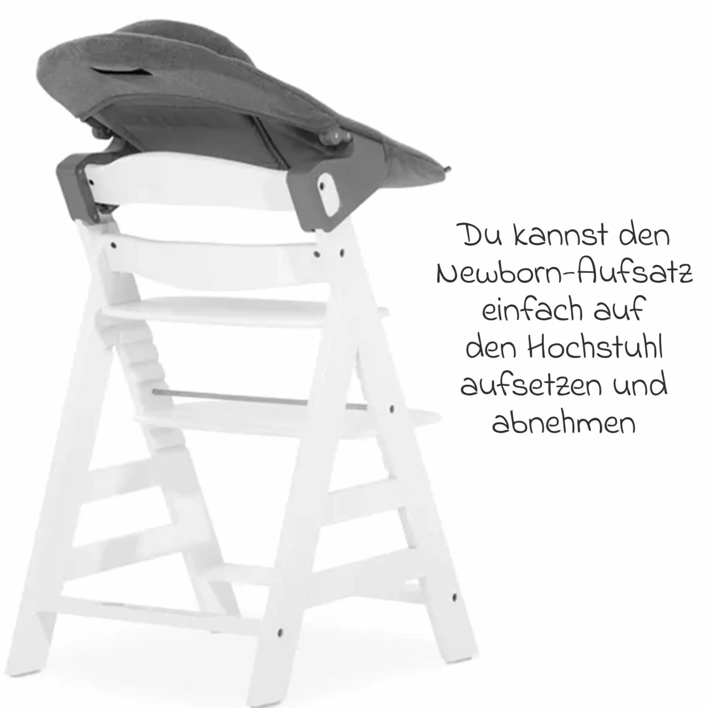 Alpha Plus White 4-tlg. Newborn Set - Hochstuhl + 2in1 Neugeborenen-Aufsatz & Wippe + Hochstuhlauflage - Jersey Charcoal
