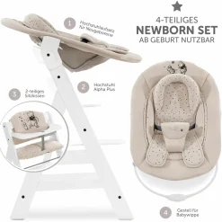 Alpha Plus White 4-tlg. Newborn Set Disney Pooh - Hochstuhl + Neugeborenenaufsatz & Wippe + Sitzkissen