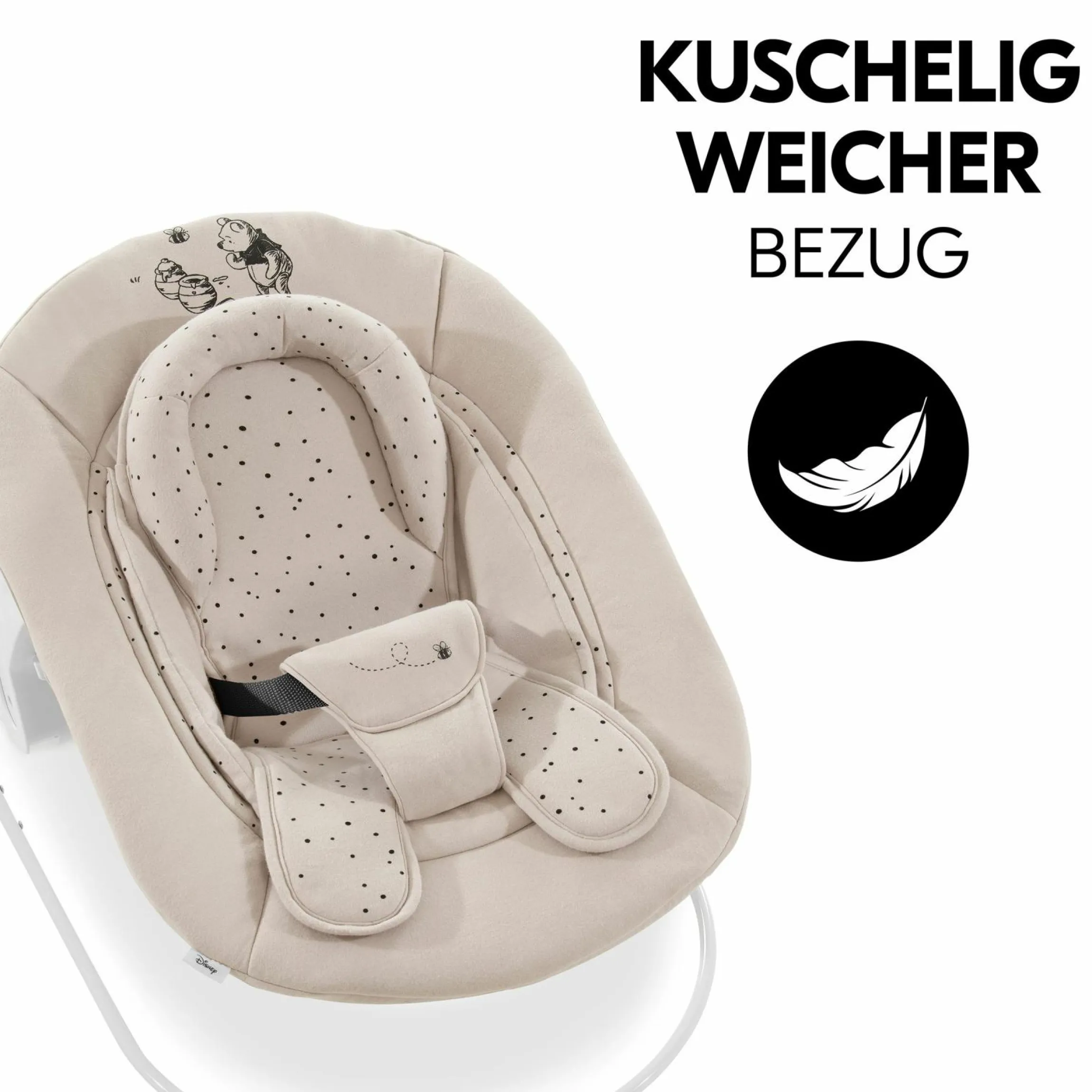 Alpha Plus White 4-tlg. Newborn Set Disney Pooh - Hochstuhl + Neugeborenenaufsatz & Wippe + Sitzkissen