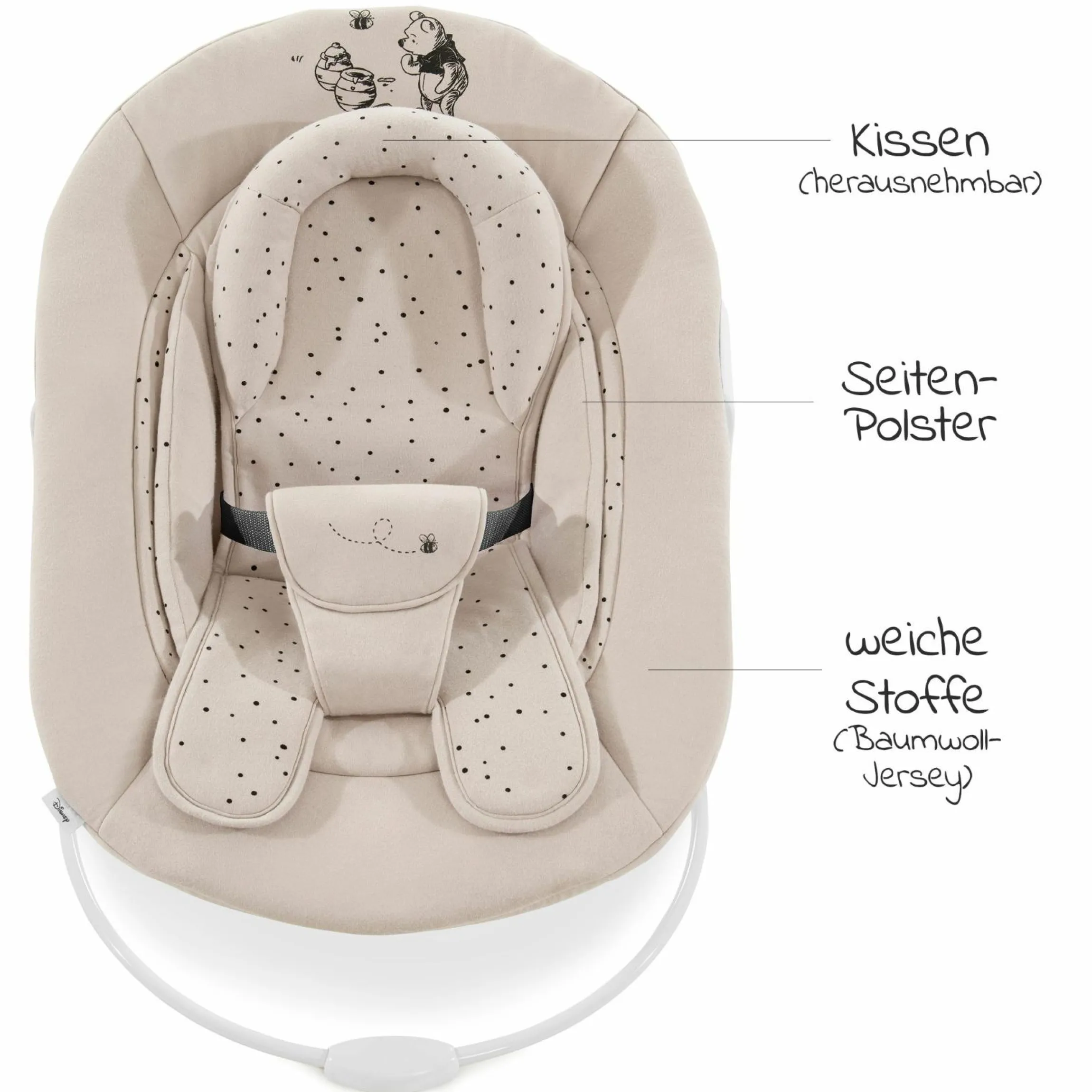 Alpha Plus White 4-tlg. Newborn Set Disney Pooh - Hochstuhl + Neugeborenenaufsatz & Wippe + Sitzkissen