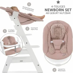 Alpha Plus White 4-tlg. Newborn Set Disney - Hochstuhl + 2in1 Babyaufsatz & Wippe Bambi + Sitzkissen Minnie Mouse - Rose
