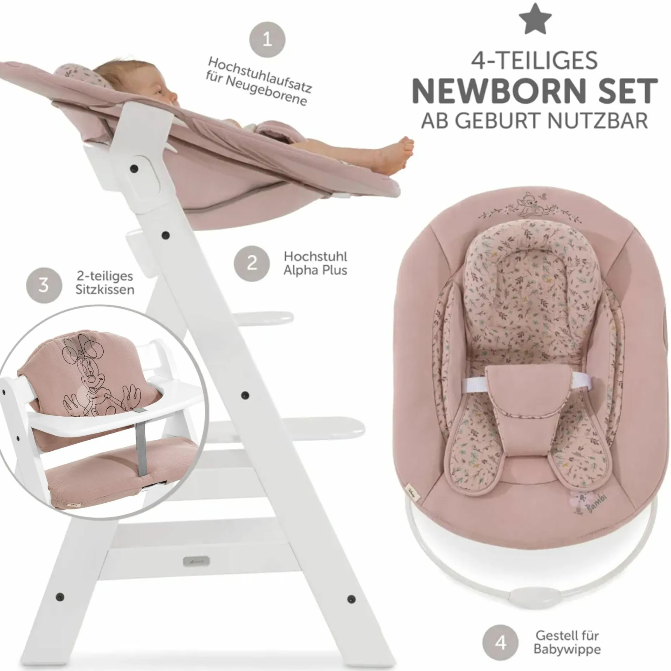 Alpha Plus White 4-tlg. Newborn Set Disney - Hochstuhl + 2in1 Babyaufsatz & Wippe Bambi + Sitzkissen Minnie Mouse - Rose