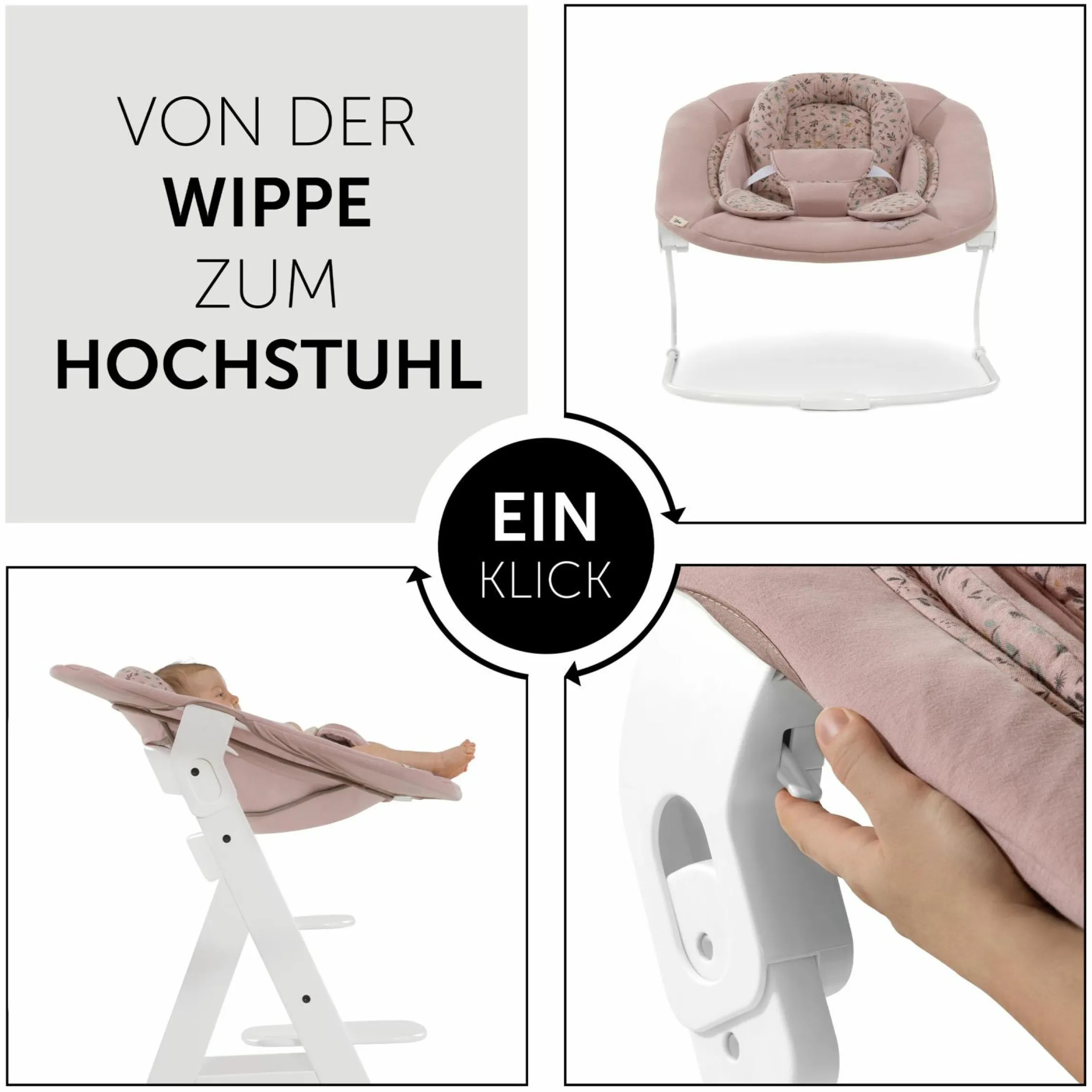 Alpha Plus White 4-tlg. Newborn Set Disney - Hochstuhl + 2in1 Babyaufsatz & Wippe Bambi + Sitzkissen Minnie Mouse - Rose