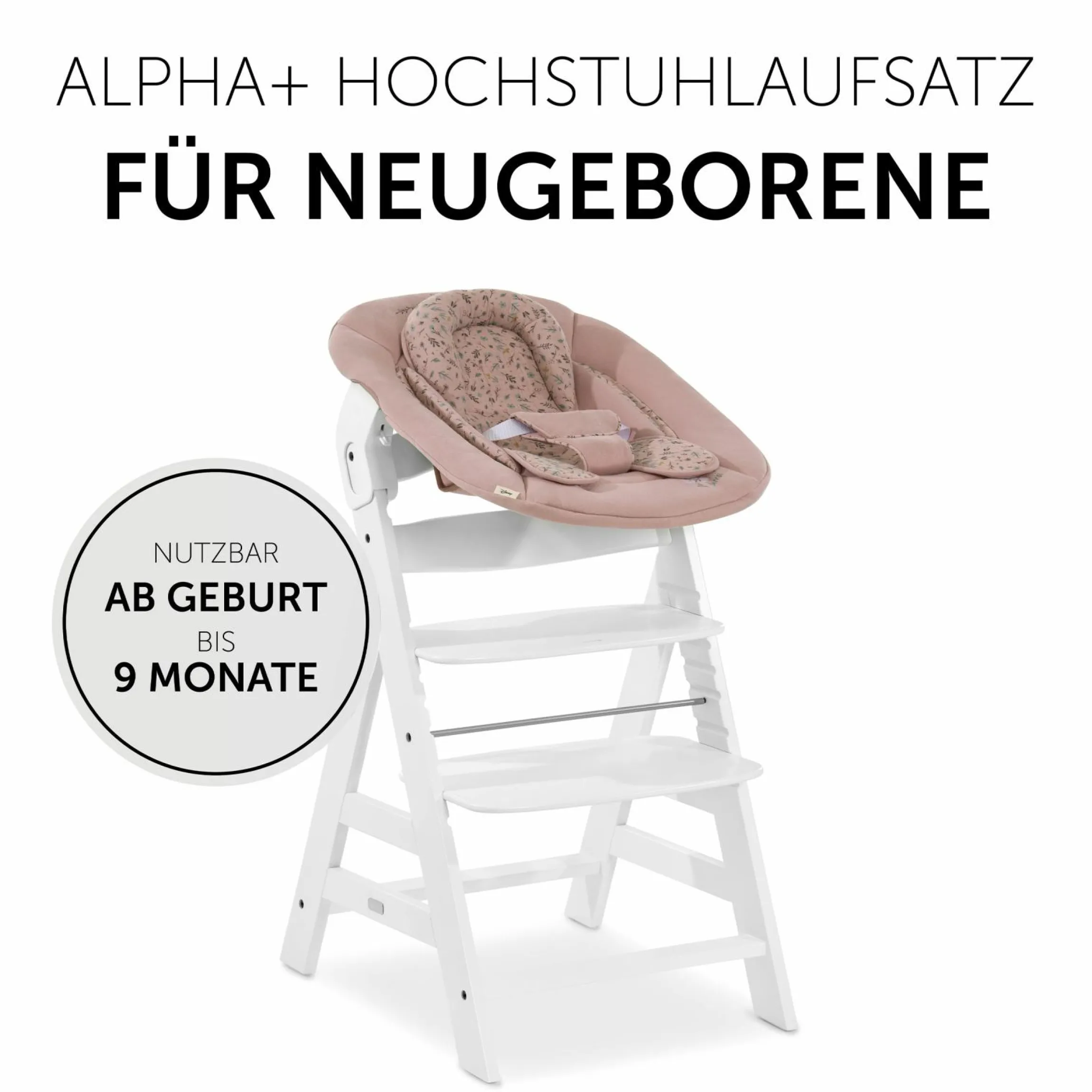 Alpha Plus White 4-tlg. Newborn Set Disney - Hochstuhl + 2in1 Babyaufsatz & Wippe Bambi + Sitzkissen Minnie Mouse - Rose