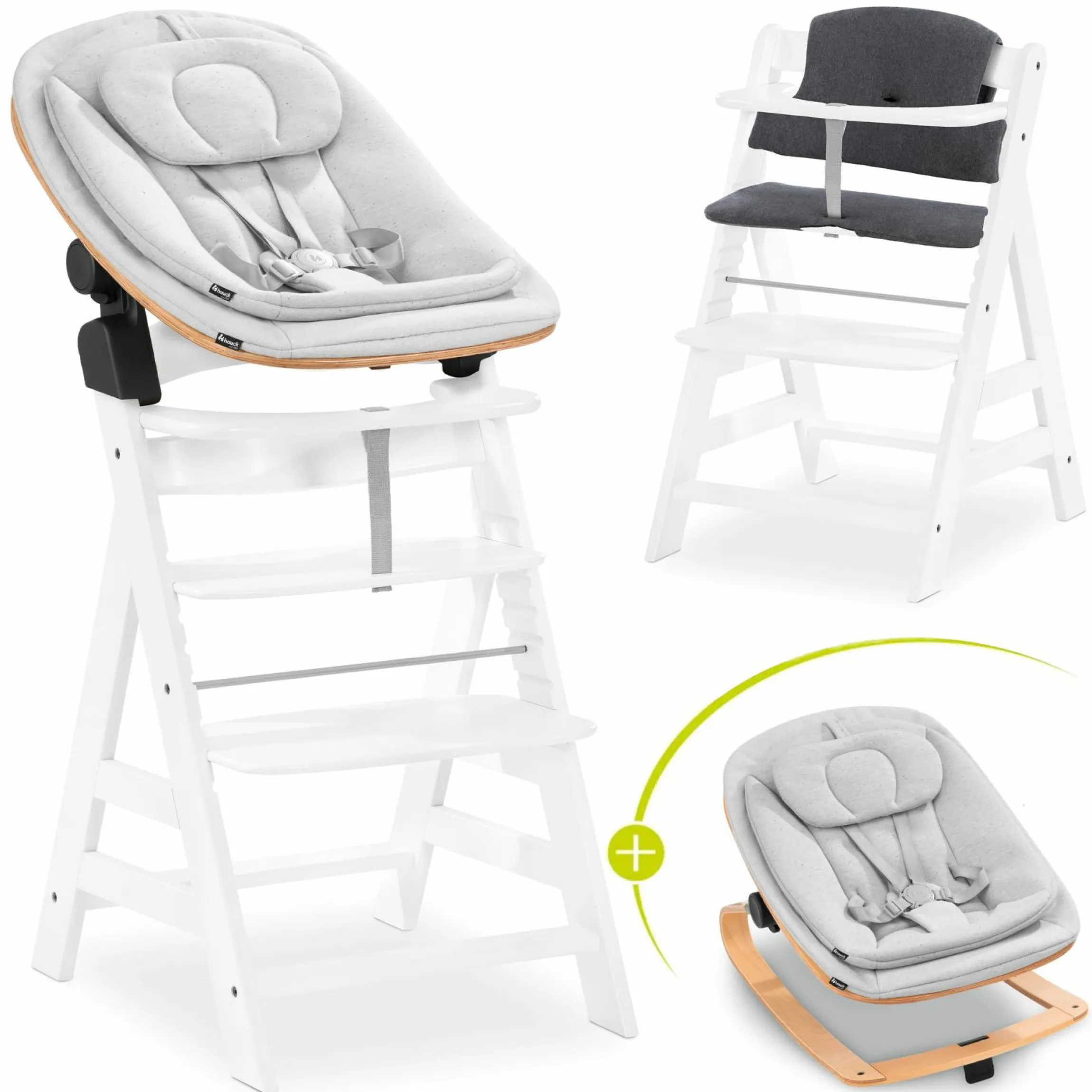Alpha Plus White 4-tlg. Newborn Set Eco - Hochstuhl + 2in1 Babyaufsatz & Wippe + Sitzkissen - Light Grey / Charcoal