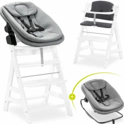 Alpha Plus White 4-tlg. Newborn Set - Hochstuhl + 2in1 Babyaufsatz & Wippe + Sitzkissen - Dark Grey Melange