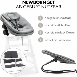 Alpha Plus White 4-tlg. Newborn Set - Hochstuhl + 2in1 Babyaufsatz & Wippe + Sitzkissen - Dark Grey Melange