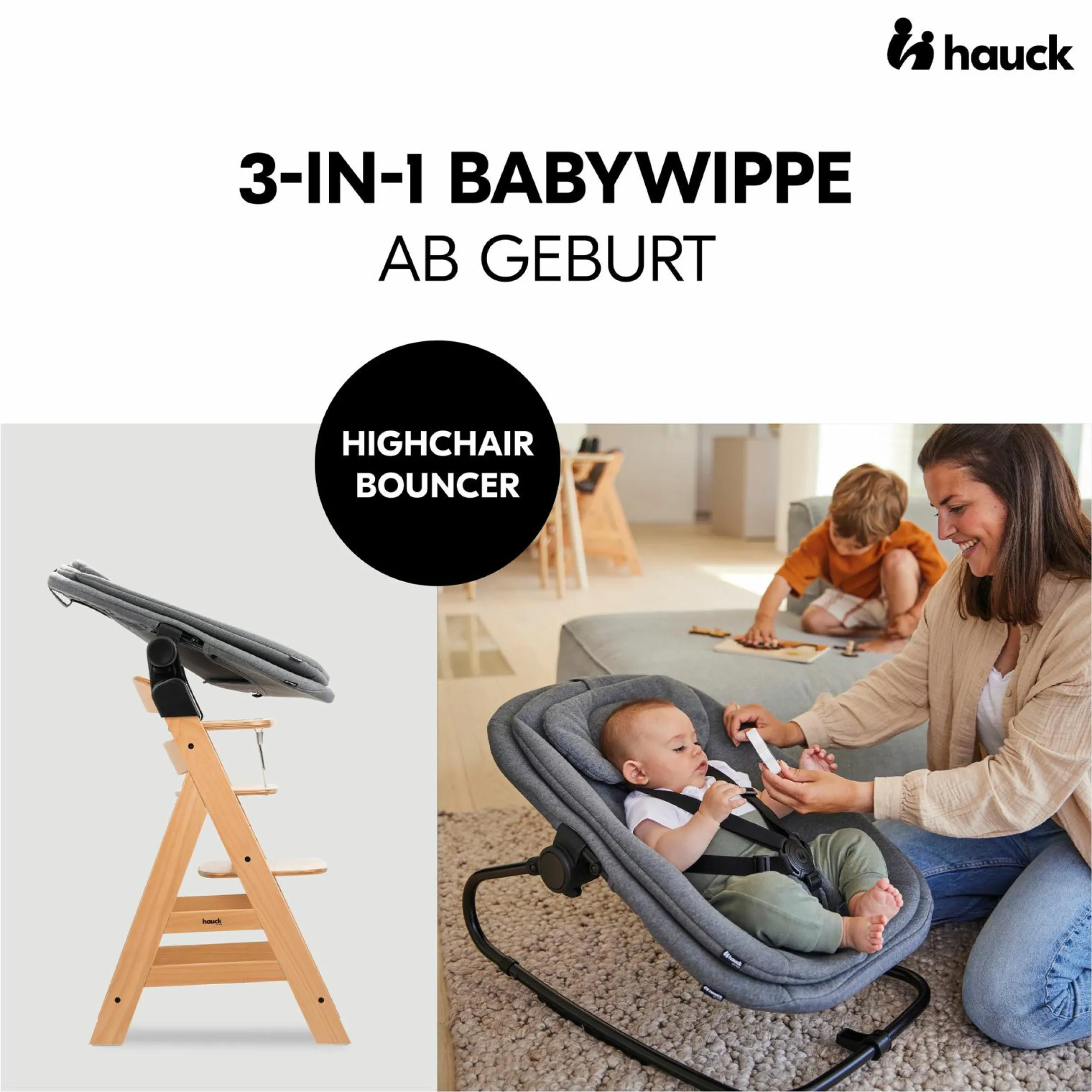 Alpha Plus White 4-tlg. Newborn Set - Hochstuhl + 2in1 Babyaufsatz & Wippe + Sitzkissen - Dark Grey Melange