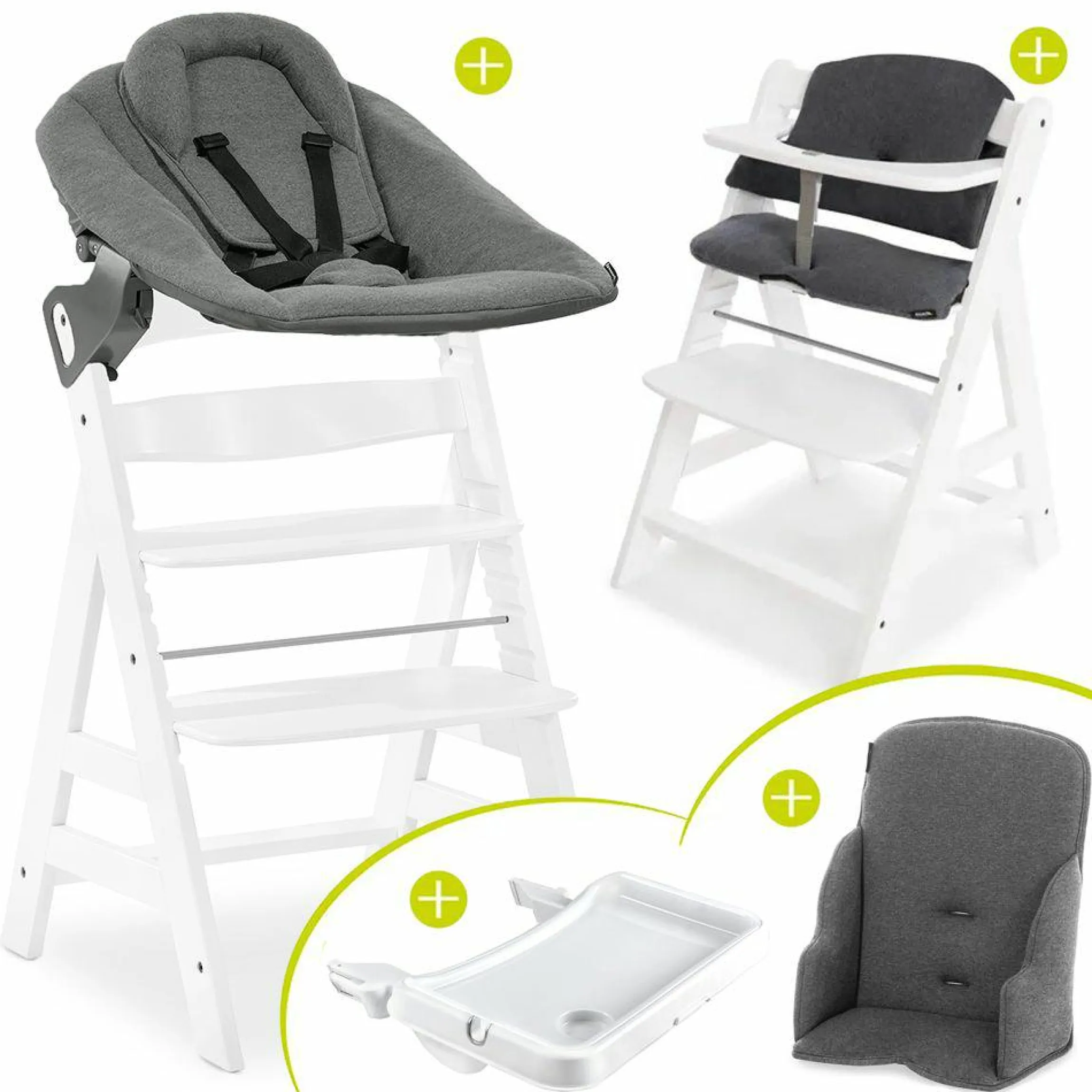 Alpha Plus White XXL Newborn Set - Hochstuhl + 2in1 Aufsatz Bouncer & Wippe + Alpha Tray Essbrett + Sitzverkleinerer + Hochstuhlauflage - Jersey Charcoal