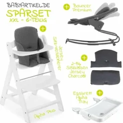 Alpha Plus White XXL Newborn Set - Hochstuhl + 2in1 Aufsatz Bouncer & Wippe + Alpha Tray Essbrett + Sitzverkleinerer + Hochstuhlauflage - Jersey Charcoal