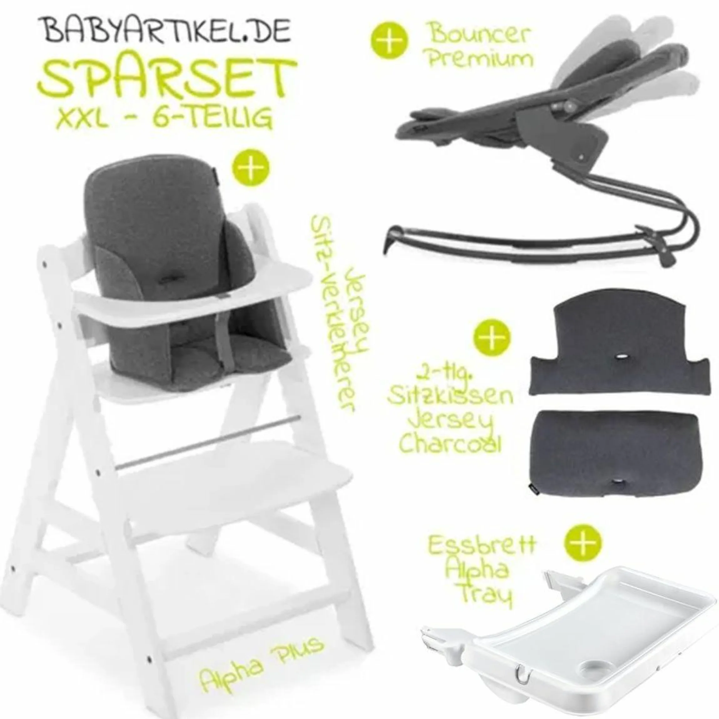 Alpha Plus White XXL Newborn Set - Hochstuhl + 2in1 Aufsatz Bouncer & Wippe + Alpha Tray Essbrett + Sitzverkleinerer + Hochstuhlauflage - Jersey Charcoal