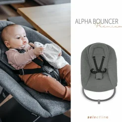 Alpha Plus White XXL Newborn Set - Hochstuhl + 2in1 Aufsatz Bouncer & Wippe + Alpha Tray Essbrett + Sitzverkleinerer + Hochstuhlauflage - Jersey Charcoal