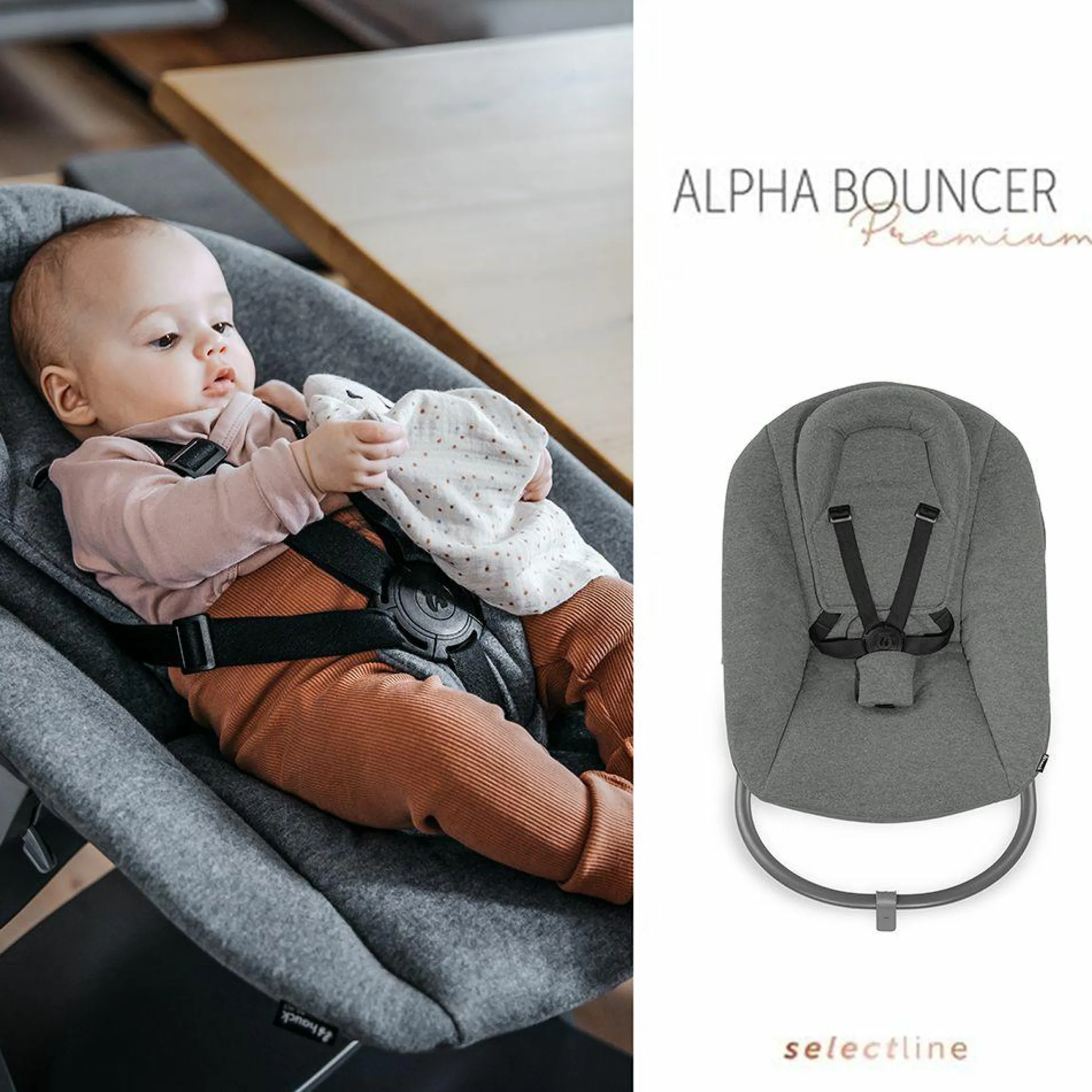 Alpha Plus White XXL Newborn Set - Hochstuhl + 2in1 Aufsatz Bouncer & Wippe + Alpha Tray Essbrett + Sitzverkleinerer + Hochstuhlauflage - Jersey Charcoal