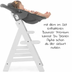 Alpha Plus White XXL Newborn Set - Hochstuhl + 2in1 Aufsatz Bouncer & Wippe + Alpha Tray Essbrett + Sitzverkleinerer + Hochstuhlauflage - Jersey Charcoal