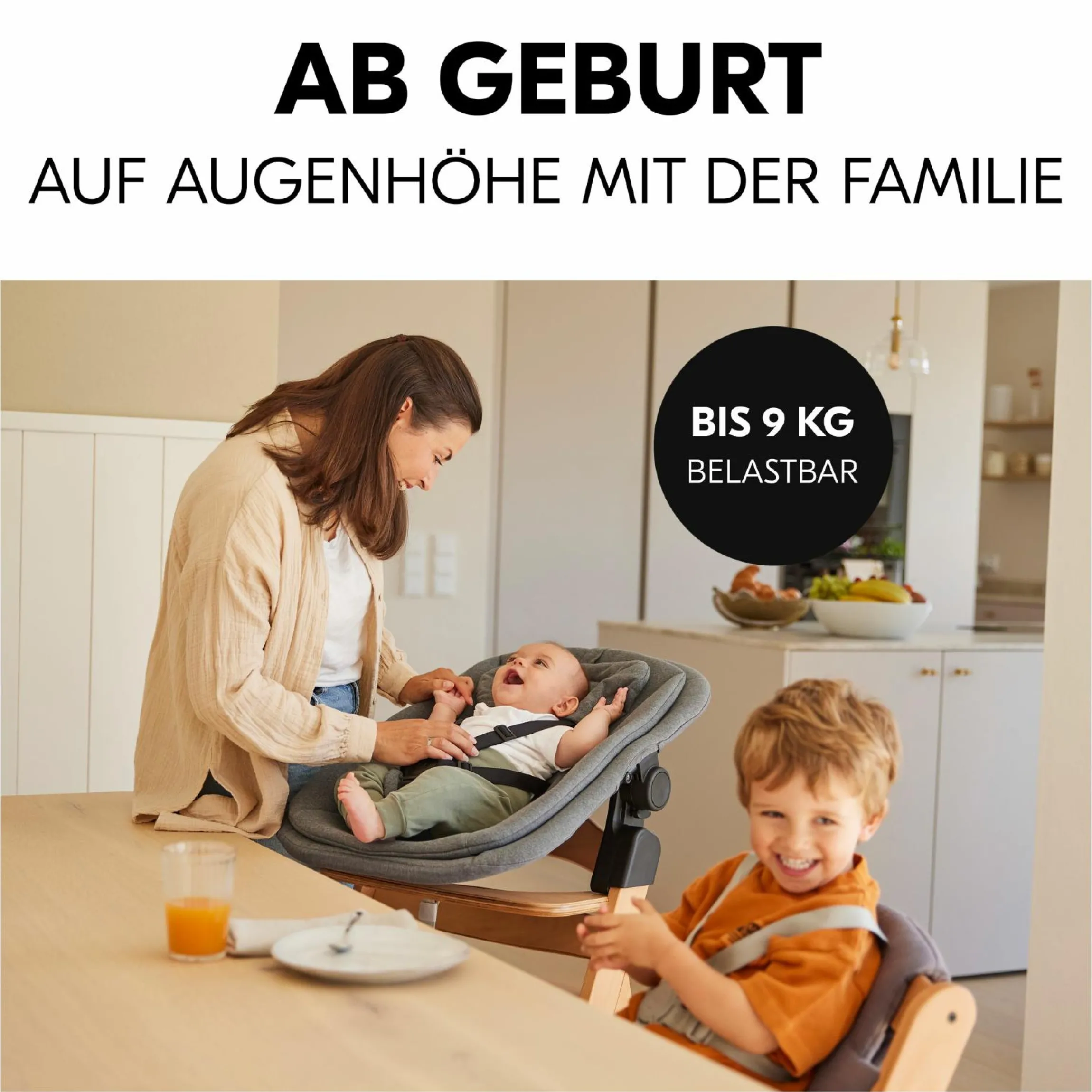 Arketa Beech 4-tlg. Newborn Set - Hochstuhl + 2in1 Babyaufsatz & Wippe + Sitzkissen - Melange Dark Grey