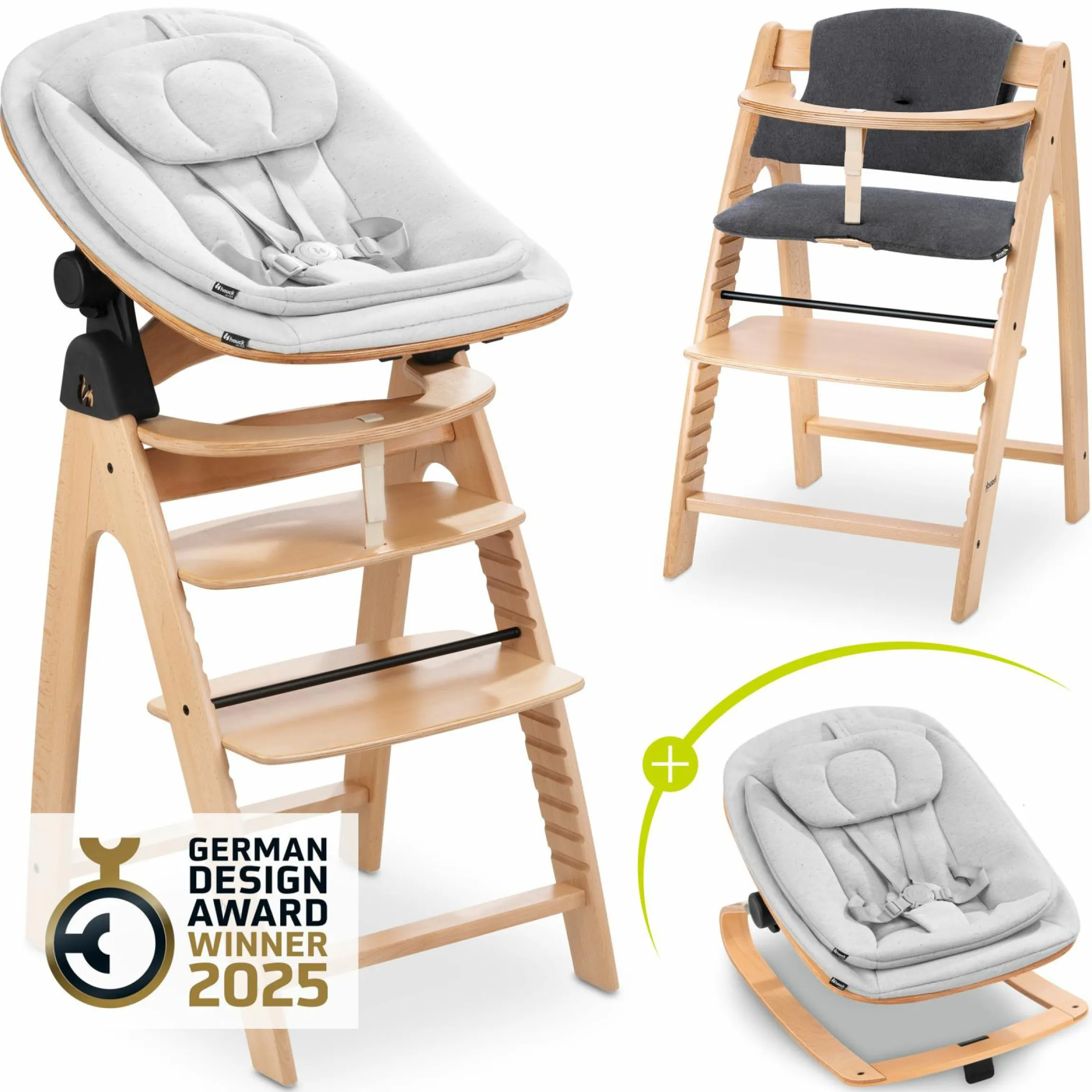 Arketa Beech 4-tlg. Newborn Set Eco - Hochstuhl + 2in1 Babyaufsatz & Wippe + Sitzkissen - Light Grey / Charcoal
