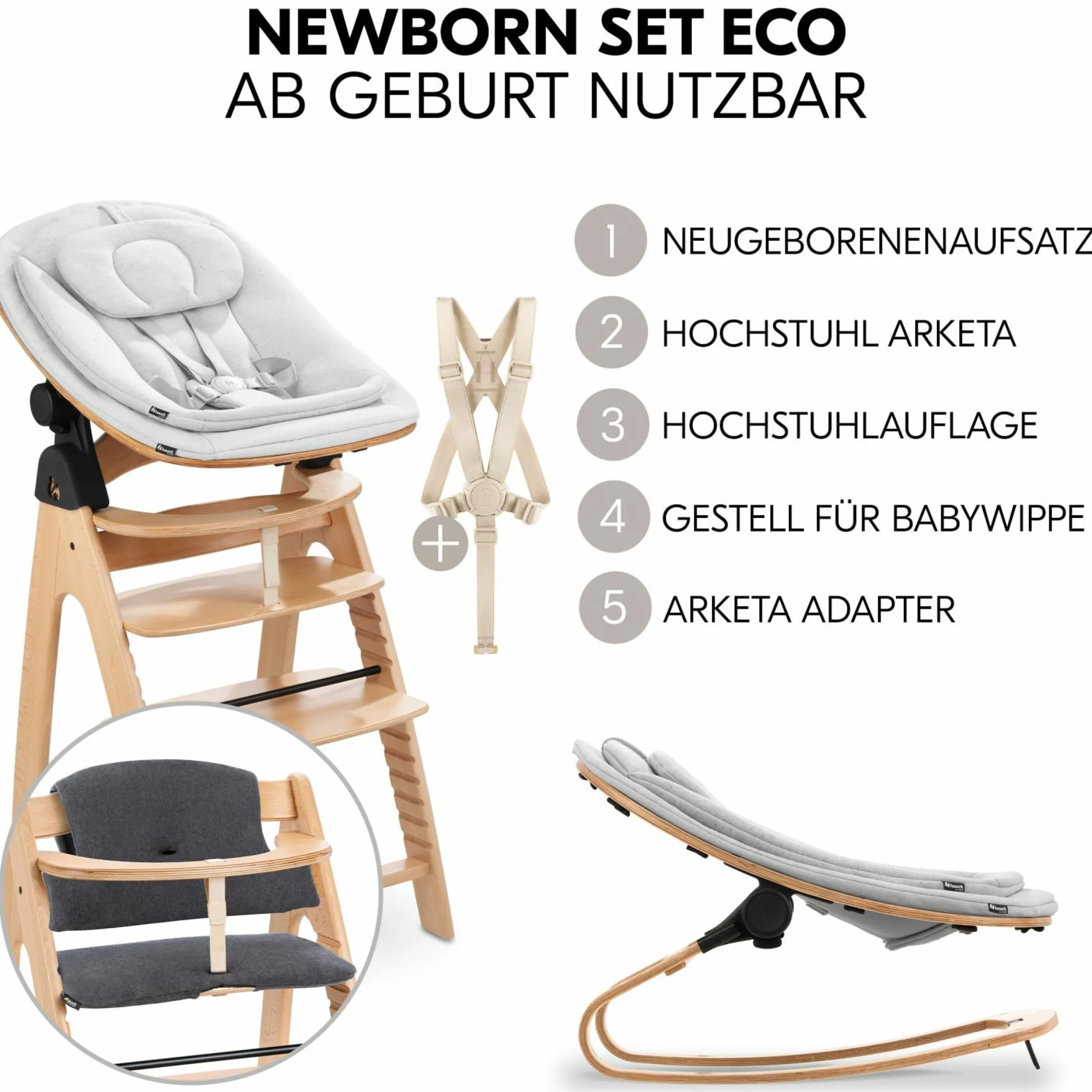 Arketa Beech 4-tlg. Newborn Set Eco - Hochstuhl + 2in1 Babyaufsatz & Wippe + Sitzkissen - Light Grey / Charcoal