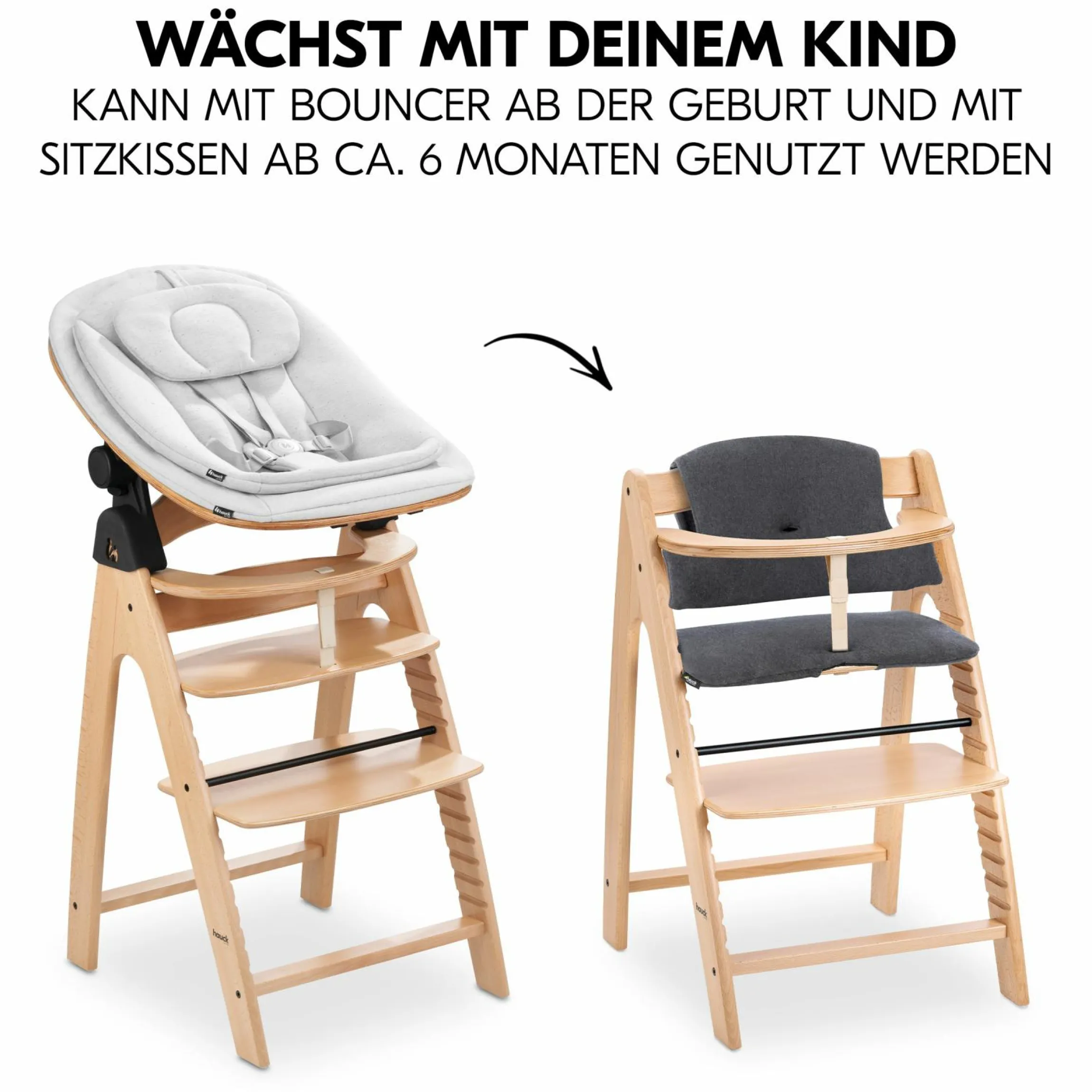 Arketa Beech 4-tlg. Newborn Set Eco - Hochstuhl + 2in1 Babyaufsatz & Wippe + Sitzkissen - Light Grey / Charcoal