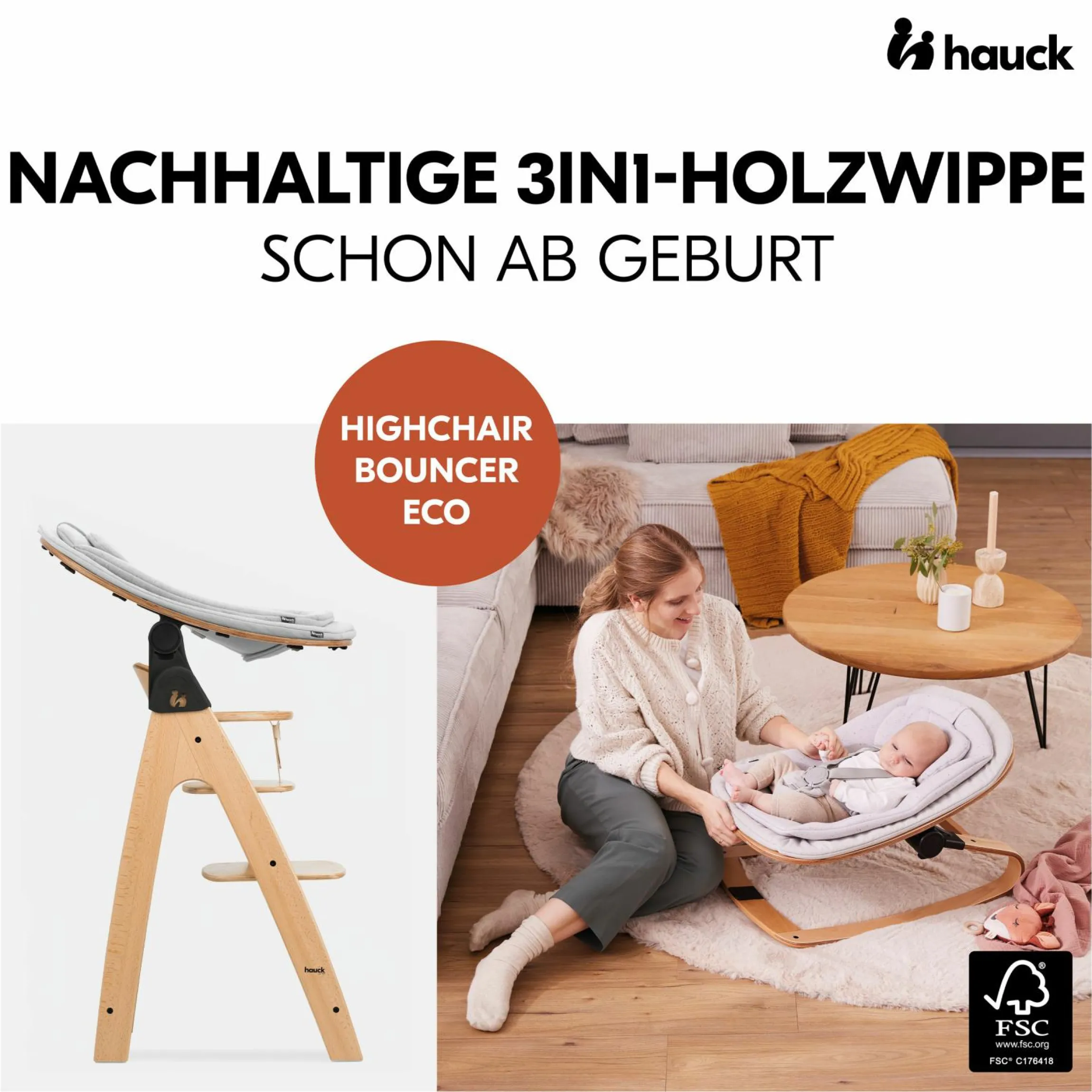 Arketa Beech 4-tlg. Newborn Set Eco - Hochstuhl + 2in1 Babyaufsatz & Wippe + Sitzkissen - Light Grey / Charcoal