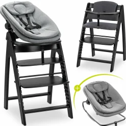 Arketa Blackwashed 4-tlg. Newborn Set - Hochstuhl + 2in1 Babyaufsatz & Wippe + Sitzkissen - Melange Dark Grey