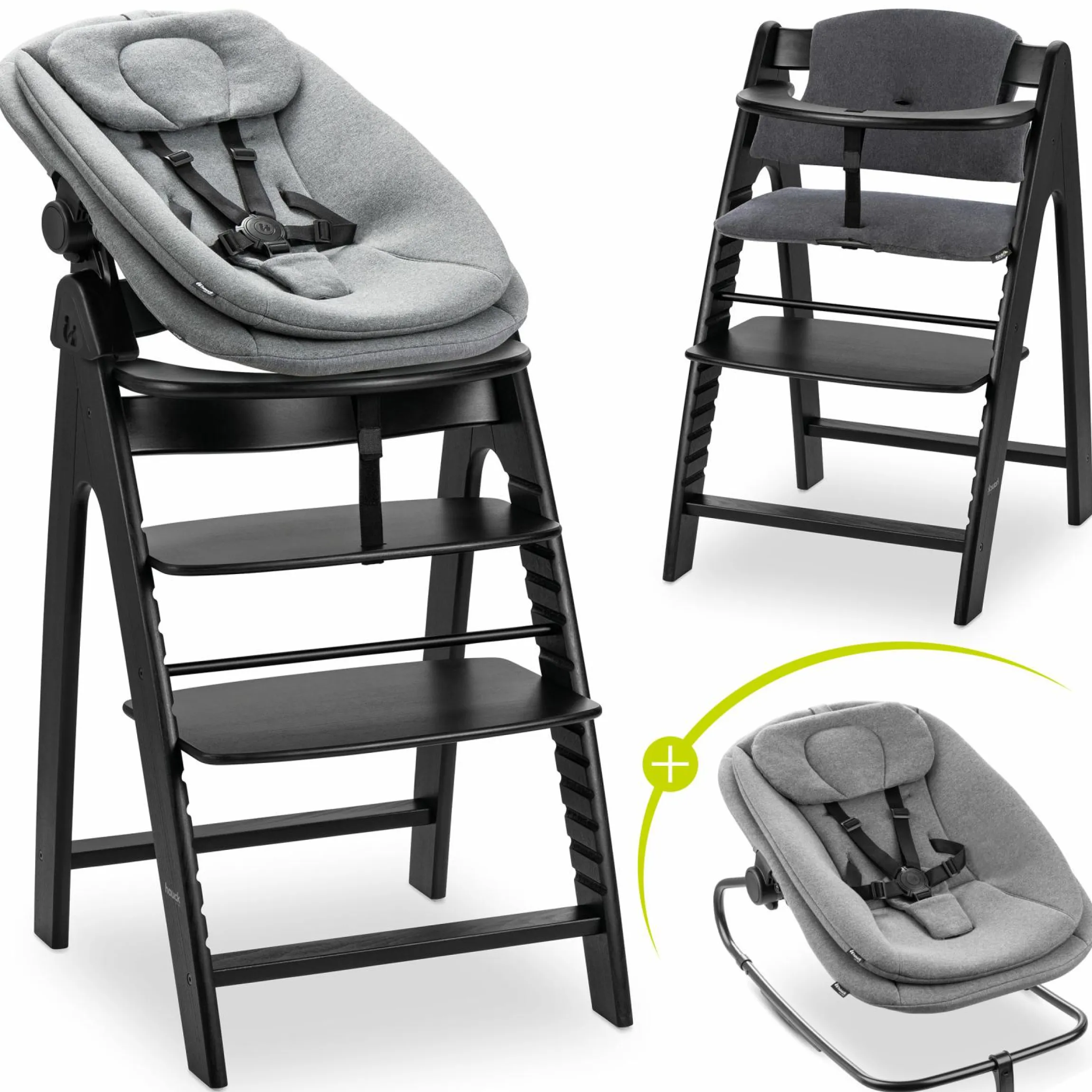 Arketa Blackwashed 4-tlg. Newborn Set - Hochstuhl + 2in1 Babyaufsatz & Wippe + Sitzkissen - Melange Dark Grey
