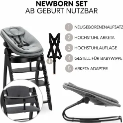Arketa Blackwashed 4-tlg. Newborn Set - Hochstuhl + 2in1 Babyaufsatz & Wippe + Sitzkissen - Melange Dark Grey
