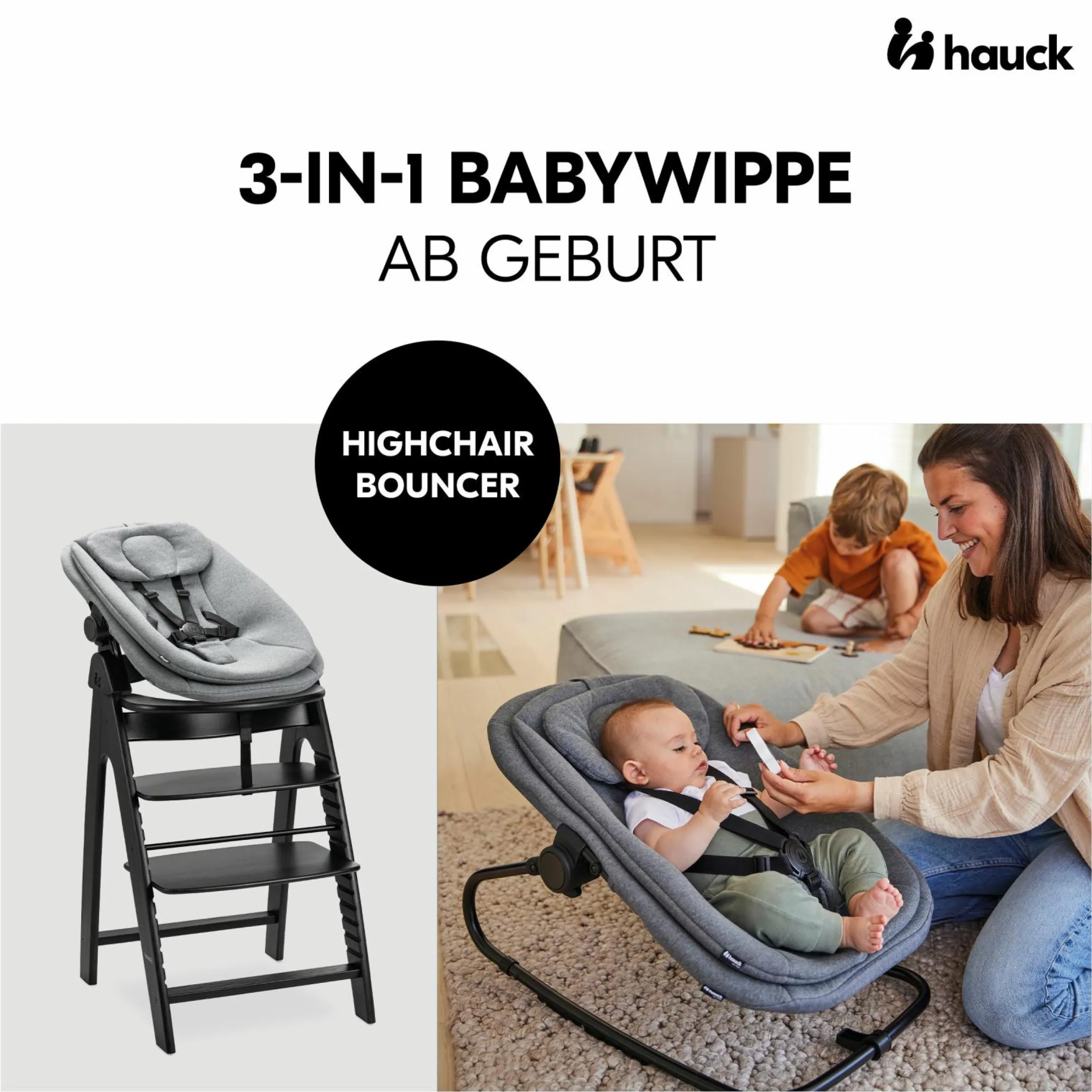 Arketa Blackwashed 4-tlg. Newborn Set - Hochstuhl + 2in1 Babyaufsatz & Wippe + Sitzkissen - Melange Dark Grey