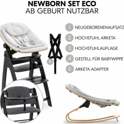Arketa Blackwashed 4-tlg. Newborn Set Eco - Hochstuhl + 2in1 Babyaufsatz & Wippe + Sitzkissen - Light Grey / Charcoal